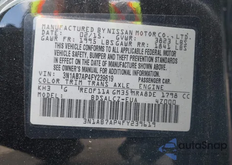 2015 Nissan Sentra Fe+ S/S/Sl/Sr/Sv z USA, uszkodzony, nr VIN 3N1AB7AP4FY239619